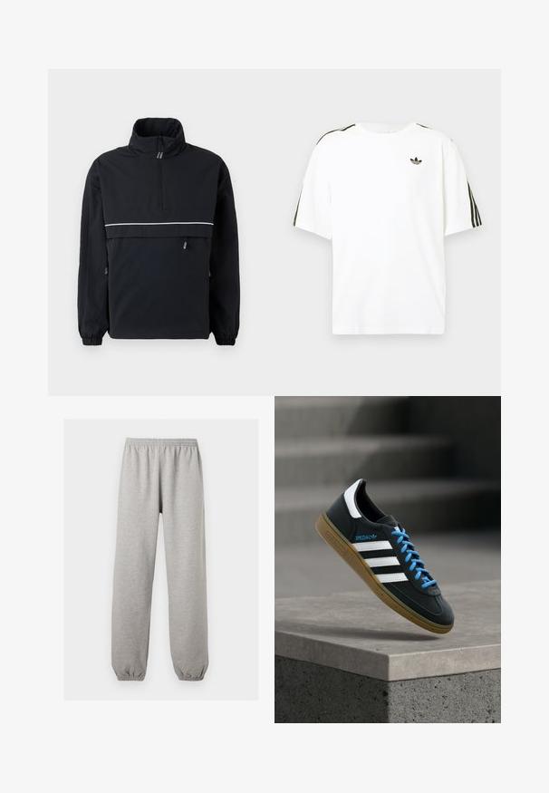 Chaqueta de pullover negra con un alto cuello, cierre de media cremallera en la parte delantera, franja reflectante blanca en el pecho, puños elásticos y detalles de cordón en los laterales.; Camiseta de algodón blanca con mangas cortas, presenta acentos en negro con tres rayas en los hombros y un pequeño logo negro en el pecho.; Pantalones deportivos gris claro con cinturilla y puños elásticos, corte recto, fabricados con tela suave.; Zapatilla negra Adidas con franjas blancas, cordones azules y suela de goma flotando sobre un escalón de hormigón gris con luz suave.