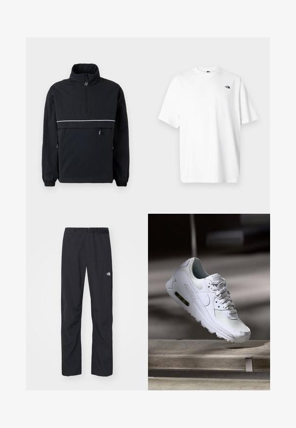 Chaqueta de pullover negra con un alto cuello, cierre de media cremallera en la parte delantera, franja reflectante blanca en el pecho, puños elásticos y detalles de cordón en los laterales.; Camiseta blanca de algodón con mangas cortas, diseño de cuello en V, con un pequeño logo negro en la parte superior izquierda. Textura suave, ajuste relajado.; The North Face ABUKUMA PANT - Pantalones - black; Zapatilla Nike Air Max 90 blanca con parte superior de malla y cuero, caja de puntera perforada y unidad de aire visible en el talón.