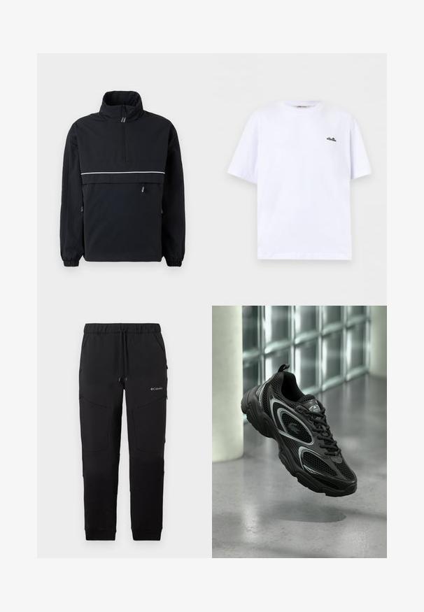 Chaqueta de pullover negra con un alto cuello, cierre de media cremallera en la parte delantera, franja reflectante blanca en el pecho, puños elásticos y detalles de cordón en los laterales.; Camiseta blanca de manga corta con cuello redondo y pequeño logo negro de ellesse en el lado izquierdo del pecho, sobre un fondo simple.; Pantalones jogger negros de la marca Columbia con cintura ajustable con cordón, bolsillos laterales con cremallera y detalles en los paneles de las rodillas, mostrados sobre un fondo blanco.; Zapato deportivo negro con material de malla y sintético, suela texturizada, diseño elegante, detalles plateados y cierre de cordones al frente.