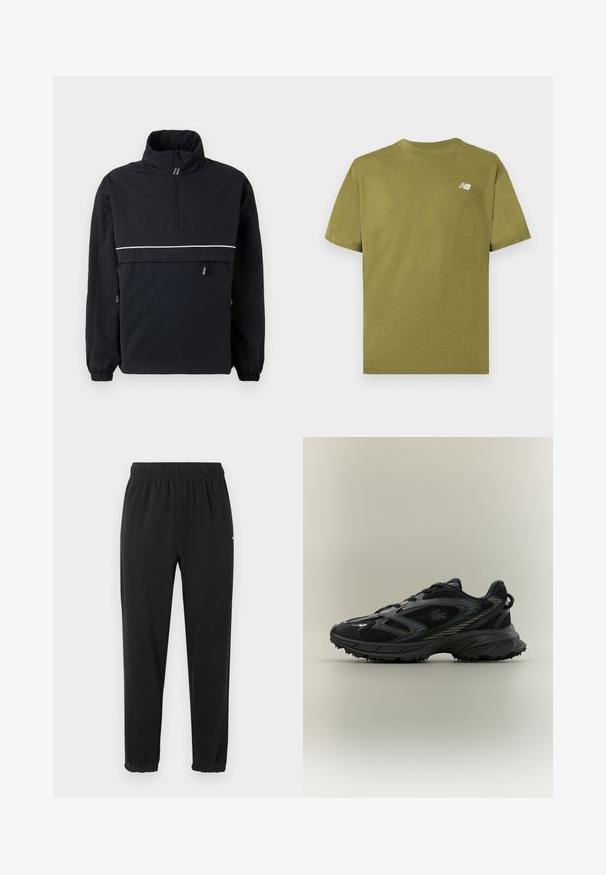 Sort pullover jakke med høj krave, halv lynlås fortil, reflekterende hvid stribe over brystet, elastiske manchetter og snoretræk i siderne.; Olivengrøn T-shirt med korte ærmer og rund halsudskæring med lille hvid New Balance-logo på venstre bryst.; Sorte joggingbukser med elastik i taljen og elastiske manchetter, lige pasform og uden synlige udsmykninger, vist mod en lys baggrund.; Sort atletisk sko med meshpaneler, en tekstureret sål, snørebånd og en buet silhuet med sølvfarvede accenter på siderne.