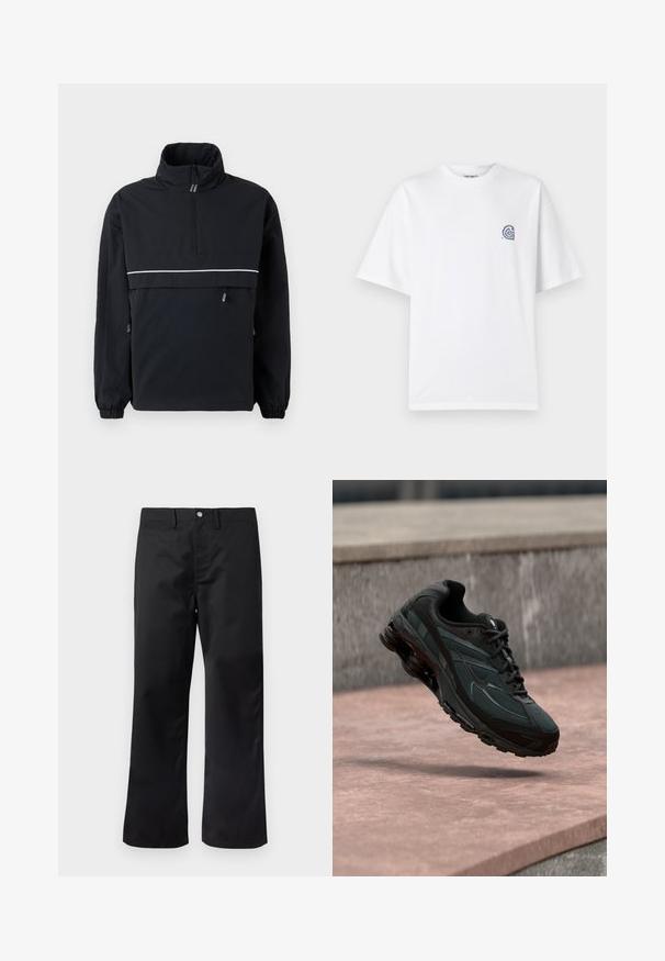 Chaqueta de pullover negra con un alto cuello, cierre de media cremallera en la parte delantera, franja reflectante blanca en el pecho, puños elásticos y detalles de cordón en los laterales.; Camiseta de algodón blanca con cuello redondo y mangas cortas. Presenta un pequeño logotipo azul en el lado izquierdo del pecho. Textura suave.; Pantalones negros con diseño de pierna recta, confeccionados con tela suave. Cuentan con bolsillos laterales y cierre de botón en la pretina.; Zapatilla deportiva negra con entresuela visible con amortiguación de aire que flota sobre una superficie de piedra rosa con un fondo de pared de piedra gris.