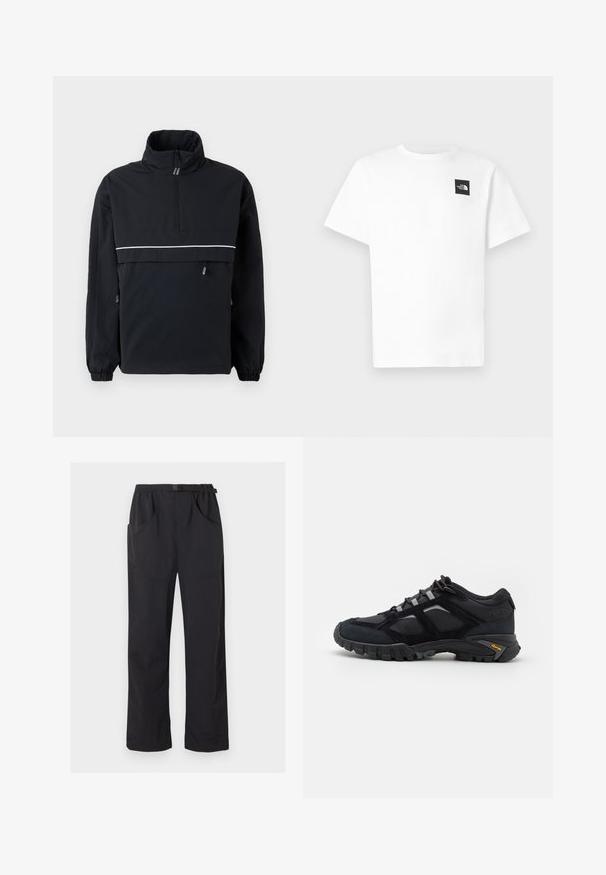 Sort pullover jakke med høj krave, halv lynlås fortil, reflekterende hvid stribe over brystet, elastiske manchetter og snoretræk i siderne.; Hvid bomulds-T-shirt med korte ærmer, der har et sort firkantet logo på venstre bryst og rund halsudskæring.; Sorte bukser med lige ben, elastik i taljen og justerbart bælte med spænde, med for- og sidelommer.; Sort udendørs sko lavet af ruskind og mesh med en robust sål. Har grå accenter og Vibram-branding på siden. Snøredesign.