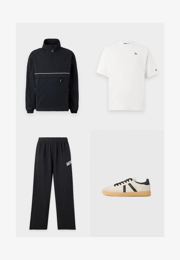 Zwarte pullover jas met een hoge kraag, halve ritssluiting aan de voorkant, reflecterende witte streep over de borst, elastische manchetten en details met trekkoorden aan de zijkanten.; Witte katoenen t-shirt met korte mouwen, een ronde hals en een klein zwart logo op de linker borst en de rechter mouw.; Zwarte broek met wijde pijpen, elastische tailleband en een wit gedeeltelijk "GAP" logo op de bovenste linker dij.; Casual sneakers in crème met zwarte strepen, voorzien van een gestructureerde bovenkant en een gumrubberen zool. Veters zijn zwart. Subtiel logo aan de zijkant.