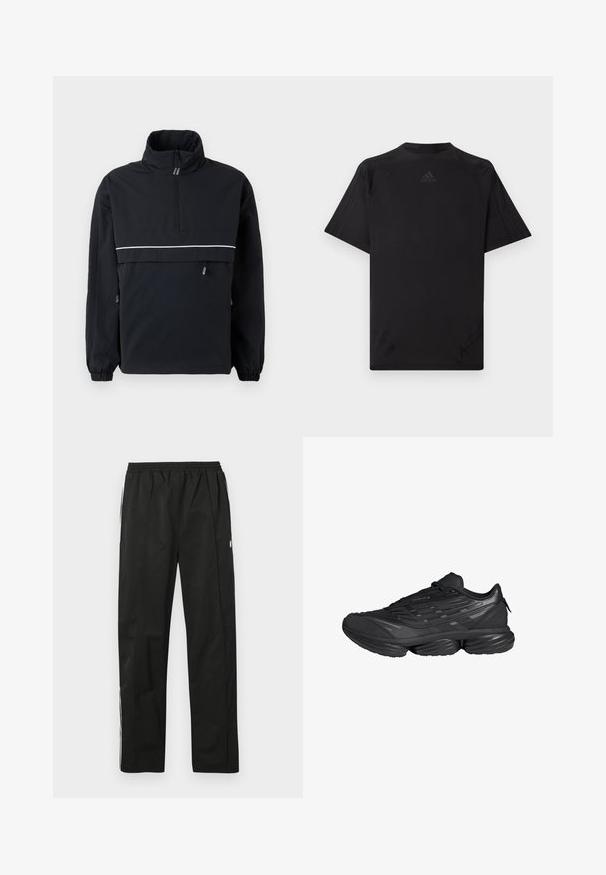 Chaqueta de pullover negra con un alto cuello, cierre de media cremallera en la parte delantera, franja reflectante blanca en el pecho, puños elásticos y detalles de cordón en los laterales.; Camiseta deportiva negra con mangas cortas, cuello redondo y costuras planas. Presenta un logo en relieve en la parte superior central. Textura suave.; Pantalones deportivos negros con cintura elástica, corte recto, detalles de cremalleras laterales y franjas blancas a los lados. Textura suave.; Zapatilla deportiva negra con suela gruesa segmentada, parte superior texturizada y cierre de cordones, mostrada de lado sobre un fondo blanco.