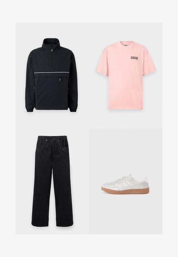Chaqueta de pullover negra con un alto cuello, cierre de media cremallera en la parte delantera, franja reflectante blanca en el pecho, puños elásticos y detalles de cordón en los laterales.; Camiseta de manga corta color rosa claro con cuello redondo y pequeño logo negro de "Dickies" en el pecho izquierdo.; Pantalones anchos de pana negra con cintura elástica, cierre de botón y cremallera, y bolsillos delanteros sobre un fondo claro.; Zapatillas plateadas con una textura suave, diseño de cordones, acentos perforados y una suela de goma marrón texturizada.