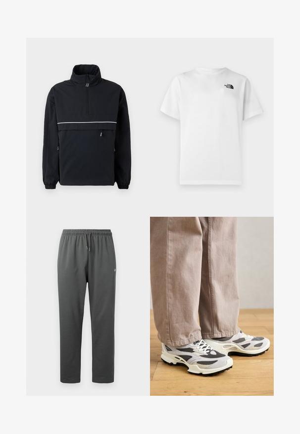 Zwarte pullover jas met een hoge kraag, halve ritssluiting aan de voorkant, reflecterende witte streep over de borst, elastische manchetten en details met trekkoorden aan de zijkanten.; Wit katoenen T-shirt met korte mouwen en een ronde hals. Voorzien van een klein zwart logo aan de bovenkant aan de linkerkant. Glad oppervlak.; Donkergrijze fleece joggingbroek met elastische tailleband en trekkoord, voorzien van een klein logo op de rechterdij.; Persoon in beige wijde broek en grijs-witte sport sneakers staat op houten vloer.