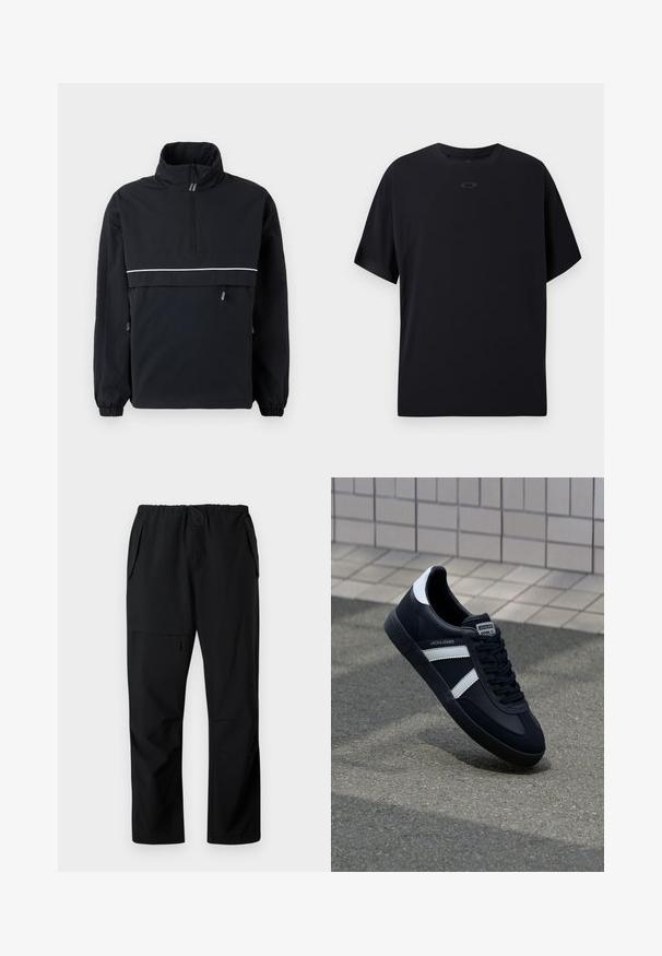 Schwarze Pulloverjacke mit hohem Kragen, halb durchgehendem Reißverschluss auf der Vorderseite, reflektierendem weißen Streifen über der Brust, elastischen Bündchen und seitlichen Kordelzugdetails.; Schwarzes T-Shirt mit kurzen Ärmeln aus leichtem Stoff, das einen Rundhalsausschnitt, Raglanärmel und ein dezentes Logo auf der Brust aufweist.; Schwarze Freizeit-Hosen mit elastischem Bund, zwei seitlichen Taschen und einer mit Reißverschluss versehenen Oberschenkel-Tasche, flach auf weißem Hintergrund präsentiert.; Schwarze Leder-Sneaker mit weißen Streifen, strukturiertem Gummisohle und Schnürung. Verfügt über ein Markenetikett auf der Zunge.