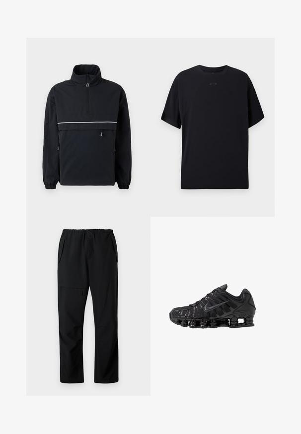 Sort pullover jakke med høj krave, halv lynlås fortil, reflekterende hvid stribe over brystet, elastiske manchetter og snoretræk i siderne.; Sort kortærmet T-shirt lavet af letvægtsstof, med rund hals, raglanærmer og et diskret logo på brystet.; Sorte afslappede bukser med elastisk talje, to sidelommer og en lynlåslomme på låret, vist fladt på hvid baggrund.; Sorte atletikskoser lavet af mesh og syntetiske materialer, med et karakteristisk bølget design, sort gummisål og reflekterende detaljer.