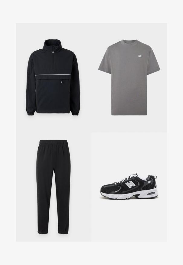 Sort pullover jakke med høj krave, halv lynlås fortil, reflekterende hvid stribe over brystet, elastiske manchetter og snoretræk i siderne.; Grå kortærmet T-shirt med rund hals og en lille hvid New Balance-logo på venstre bryst mod en ensfarvet baggrund.; Sorte joggingbukser med elastik i taljen og elastiske manchetter, lige pasform og uden synlige udsmykninger, vist mod en lys baggrund.; Sorte og grå sportssko med mesh og ruskind på overdelen, der har en hvid mellemsål, snørebånd og et iøjnefaldende "N" logo på siden.