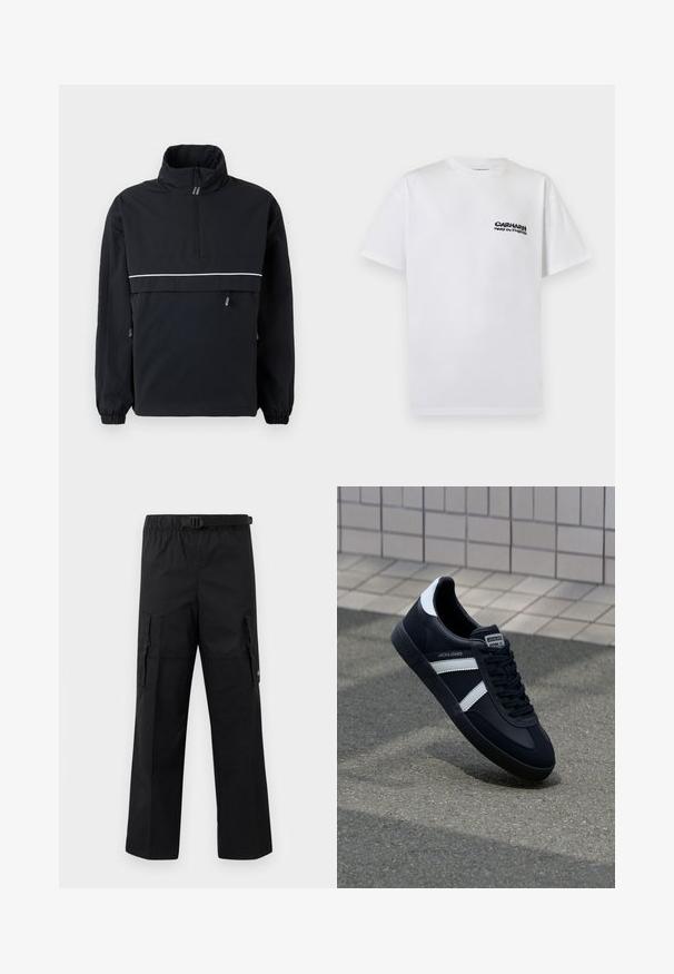 Chaqueta de pullover negra con un alto cuello, cierre de media cremallera en la parte delantera, franja reflectante blanca en el pecho, puños elásticos y detalles de cordón en los laterales.; Camiseta blanca de manga corta con pequeño logo negro "Carhartt Work in Progress" en el pecho izquierdo, fondo liso.; Pantalones cargo negros con un diseño de pierna ancha, cintura ajustable con hebilla y dos bolsillos laterales para almacenamiento. Tejido ligero.; Zapatilla de cuero negra con rayas blancas, suela de goma texturizada y parte frontal con cordones. Cuenta con una etiqueta de marca en la lengüeta.