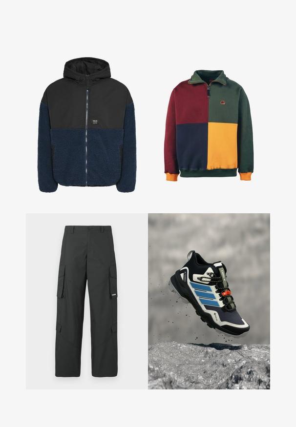 Veste à capuche avec une couche extérieure noire lisse et une section inférieure en polaire bleu marine texturé, dotée d'une fermeture éclair à l'avant et de poches latérales.; Sweatshirt coloré en blocs présentant des sections vertes, bourgognes, bleu marine et moutarde. Design avec col zippé et logo d'éléphant sur la poitrine. Texture douce.; Pantalons cargo noirs à jambes droites avec poches latérales à rabat, fermeture à bouton, passants de ceinture et petit logo blanc sur le rabat de la poche droite.; Chaussure de randonnée Adidas Terrex noire et bleue avec une semelle robuste, flottant au-dessus d'un terrain rocheux avec de la terre qui vole autour.