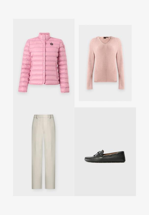 Veste matelassée rose clair avec fermeture à boutons-pression, col montant, poches latérales et deux petites patchs noirs et roses sur la poitrine et la manche.; Pull en maille rose clair à col en V avec manches longues et texture côtelée, présenté à plat sur un fond gris clair.; Pantalon beige taille haute à jambes droites, avec passants de ceinture et plis à l'avant, présenté sur fond blanc.; Bateau en cuir noir avec un bout arrondi, des détails de couture, un petit accent en nœud et une semelle en caoutchouc. Texture lisse et design épuré.