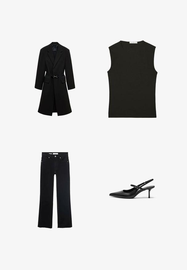 Sort skrædderjakke med bæltestrop i taljen, spids lapels og to forlommer. Glat stof med en struktureret silhuet.; Sort ærmeløs top lavet af glat stof; tætsiddende design med rund halsudskæring; ingen synlige mønstre eller detaljer.; Sorte denim flared jeans med mid-rise talje, frontlommer og rå kantdetaljer, der har metallisk hardware-accents.; Sorte læder slingback hæle med spids tå, slank justerbar rem og en stiletto hæl på cirka 5 cm, glat tekstur.