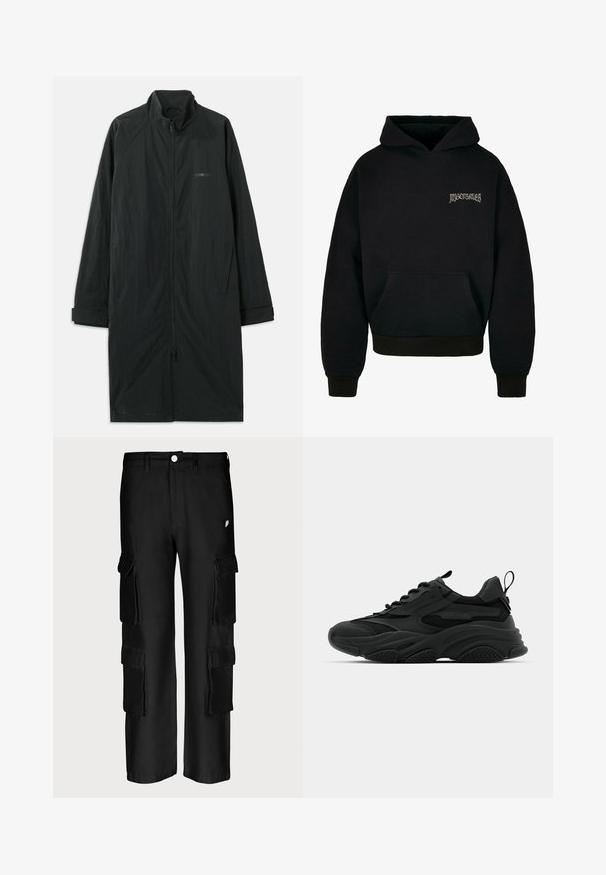 Sort lang frakke med høj krave, der har en fuld frontlynlås og er lavet af let, struktureret stof. Inkluderer ærmer med manchetter og subtil branding.; Sort hoodie lavet af en blanding af bomuld, med en lomme foran, ribbede manchetter og et logo i lys grå på venstre brystområde.; Sorte cargo-bukser med løs pasform, flere sidelommer, knaplukning og en glat stofstruktur.; Sorte atletiske sneakers med en kraftig sål, meshpaneler og gummidetaljer. Har en trækflap ved hælen og strukturerede mønstre.