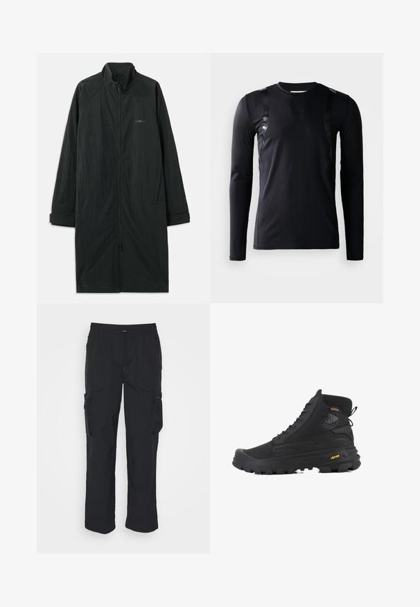 Zwarte lange jas met hoge kraag, voorzien van een volledige rits aan de voorkant en gemaakt van lichtgewicht, gestructureerde stof. Inclusief manchetten en subtiele branding.; Zwarte lange-mouwen sportshirt gemaakt van glad, rekbaar materiaal. Kenmerkt zich door glanzende zwarte accenten op de schouders en een Adidas-logo op de borst.; Zwarte cargobroek van geweven stof. Voorzien van een verstelbare tailleband, zijzakken en twee utilityzakken met ritsen.; Zwarte hoge laarzen met een gestructureerd oppervlak, voorzien van een waterdicht ontwerp, vetersysteem en een opvallende rubberen zool met Vibram-merktekens.