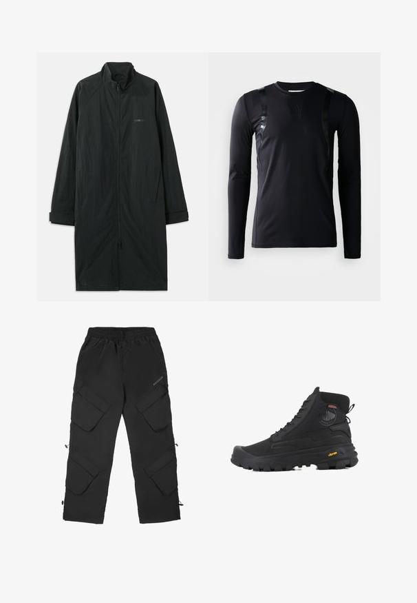 Mustad must coat kõrge kaelusega, millel on täielik esinevet zipper ja mis on valmistatud kergest tekstureeritud kangast. Sisaldab mansetiga varrukaid ja diskreetset brändimist.; Must have pikkade varrukatega spordipoliis, mis on valmistatud siledast ja venivast kangast. Omab läikivaid musti aktsente õlgadel ja Adidas logo rinnal.; Mustad mustad püksid, mis on valmistatud kergest, tekstuuritud materjalist. Omavad elastset vööd, mitmeid suuri taskuid ja reguleeritavaid varrukaid.; Mustad mustsaapad tekstureeritud pinnaga, veekindla disainiga, nööri süsteemiga ja silmapaistva kummitaldaga, millel on Vibram'i bränd.