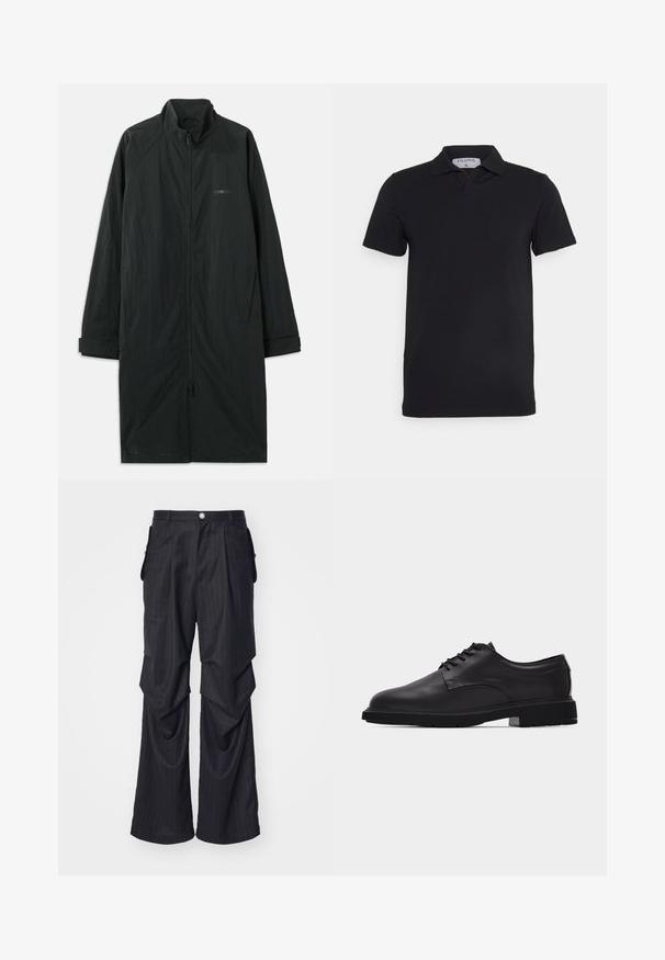 Sort lang frakke med høj krave, der har en fuld frontlynlås og er lavet af let, struktureret stof. Inkluderer ærmer med manchetter og subtil branding.; Sort kortærmet polo-shirt med klassisk krave, lavet af glat stof. Har et mærke med brandnavnet 'Filippa K' ved halsudskæringen.; Sorte nålestribede bukser med bred bendesign, der har folder, sidelommer og en frontlukning med knap. Glat tekstur.; Sort herresko i læder med snørebånd, glat finish og tyk gummisål vist fra siden på hvid baggrund.