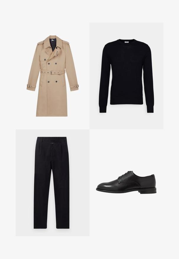 Beige trenchcoat lavet af glat stof, med dobbeltradet front, brede klapper, bæltestrop i taljen og knapmanchetter.; Sort langærmet sweater lavet af blødt strikket materiale. Rund halsudskæring, ribbede manchetter og kant. Minimalistisk design uden synlige mønstre eller knapper.; Sorte bomuldsbukser med lige ben, med frontfolder, sidelommer og lynlås. Struktureret stoffinish.; Sorte lædersko med en glat overflade, rund tå, seks snørrehuller og en lav stablet hæl. Enkel, klassisk design.