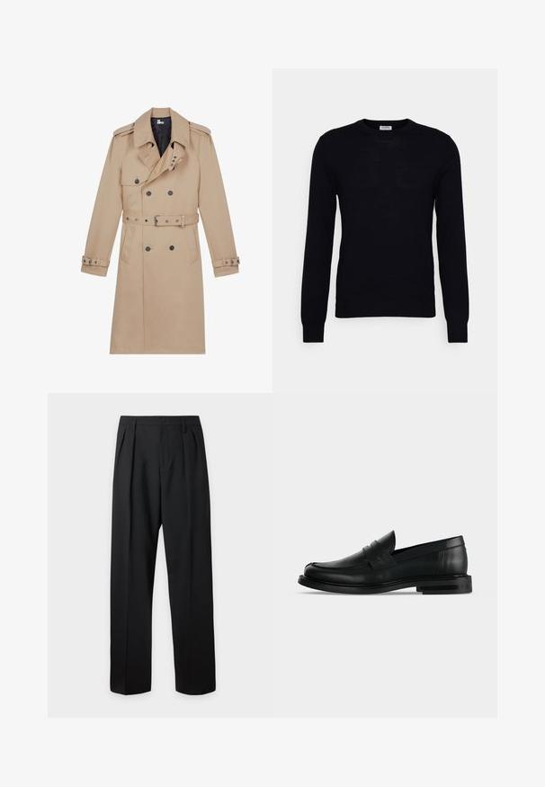 Beige trenchcoat lavet af glat stof, med dobbeltradet front, brede klapper, bæltestrop i taljen og knapmanchetter.; Sort langærmet sweater lavet af blødt strikket materiale. Rund halsudskæring, ribbede manchetter og kant. Minimalistisk design uden synlige mønstre eller knapper.; Sorte formelle bukser med plisseringer, bæltestropper og knaplukning ved taljen, vist mod en ensfarvet lys baggrund.; Sort læder herre penny loafer med lav stablet hæl og rundet tå vist fra siden på lys grå baggrund.