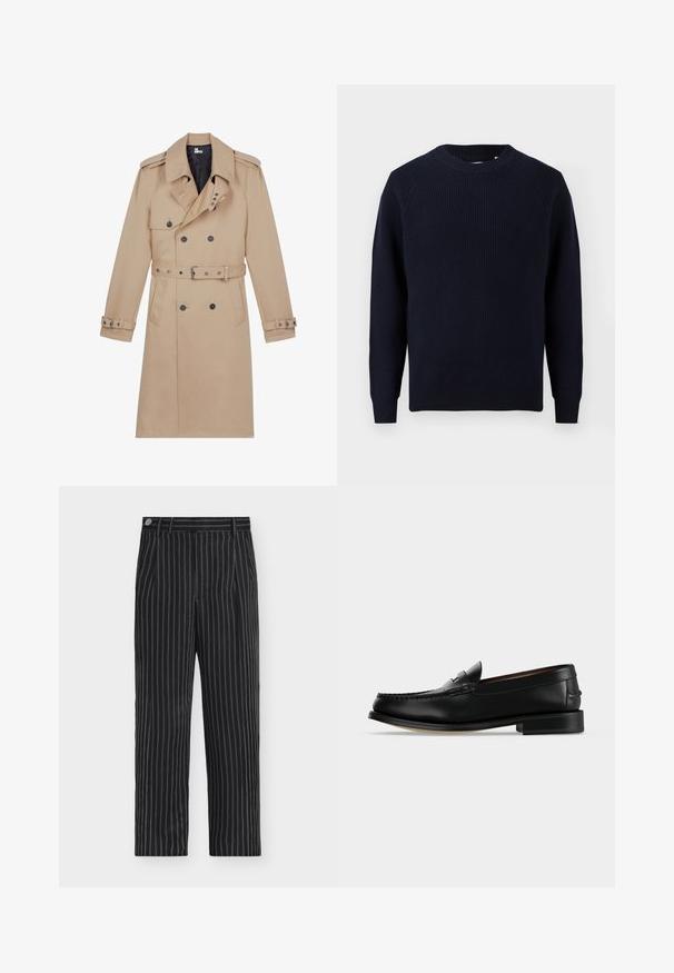 Beige trenchcoat lavet af glat stof, med dobbeltradet front, brede klapper, bæltestrop i taljen og knapmanchetter.; Mørkeblå ribstrikket sweater med rund hals og lange ærmer, vist mod en hvid baggrund.; Sorte bukser med tynde hvide lodrette nålestriber, knaplukning, bæltestropper og lige ben.; Sort læder herre loafer med lav hæl og mokkasinsyning på tåen, vist fra siden på en ensfarvet baggrund.
