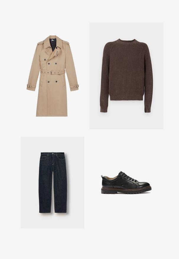 Beige trenchcoat lavet af glat stof, med dobbeltradet front, brede klapper, bæltestrop i taljen og knapmanchetter.; Brun ribbet sweater med lange ærmer, rund halsudskæring og en tætsiddende talje. Fremstillet af et tekstureret strikket materiale.; Mørkeblå denim jeans med løs pasform, fem lommer og kontrastsyninger. Har en knap- og lynlåsclosure. Glat tekstur.; Sorte læder snørebåndssko med en struktureret overflade, rund tå og robust gummisål med dybe spor og diskrete brune detaljer.
