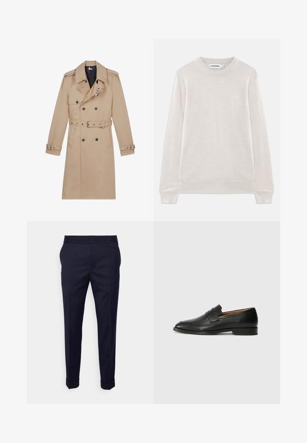 Beige trenchcoat lavet af glat stof, med dobbeltradet front, brede klapper, bæltestrop i taljen og knapmanchetter.; Lys beige langærmet crewneck sweater med ribbede manchetter og kant, subtilt logo på venstre bryst og J.Lindeberg-label indeni kraven.; Marineblå bukser med en glat tekstur, featuring en elastisk talje og opfoldede manchetter, designet i en tapered fit med sidelommer.; Sort læder loafer med rund tå, diskret syning, og lav hæl, der har en glat tekstur og minimalistisk design.
