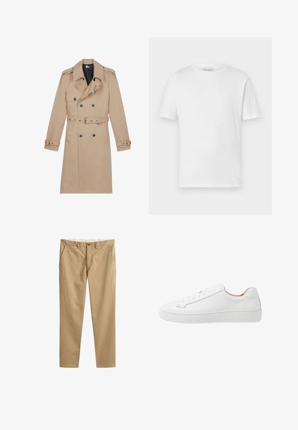 Manteau beige en tissu lisse, avec un devant double boutonnage, de larges revers, une taille ceinturée et des poignets boutonnés.; T-shirt blanc à manches courtes en coton. Présente un col rond et un ourlet droit. Sans motifs ni embellissements. Design simple.; Chinos beige à jambes droites avec passants de ceinture, bouton devant, fermeture éclair et poches latérales, présentés à plat sur fond blanc.; Sneaker en cuir blanc avec une finition lisse, bout rond, design plat à lacets, et une semelle en caoutchouc épaisse présentant un motif de grip texturé.