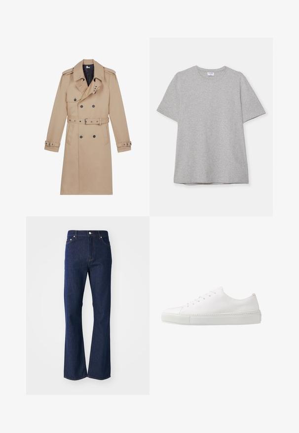 Beige trenchcoat lavet af glat stof, med dobbeltradet front, brede klapper, bæltestrop i taljen og knapmanchetter.; Grå kortærmet T-shirt lavet af blødt, struktureret stof. Har en klassisk rund hals og en lige kant, velegnet til afslappet brug.; Flarvede mørkeblå jeans lavet af denim. Har fem lommer, en front lynlås og en metalknaplukning. Klassiske syninger som detaljer.; Hvide lædersneakers med en glat finish, rund tå og seks øjer til snørebånd. Har en tekstureret gummisål og et minimalisk design.
