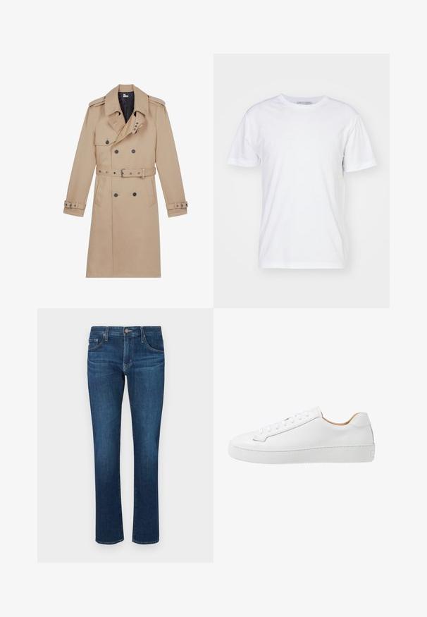 Beige trenchcoat lavet af glat stof, med dobbeltradet front, brede klapper, bæltestrop i taljen og knapmanchetter.; Hvid bomulds t-shirt med rund halsudskæring, korte ærmer og lige snit. Ingen mønstre eller udsmykninger, glat tekstur og enkel design.; Mørkeblå denimjeans med lige ben-design, klassisk fem-lomme stil og en knaplukning i taljen. Glat tekstur.; Hvide lædersneakers med en glat overflade, afrundet tå, flad snørebåndsdesign og en tyk gummisål med et struktureret grebmønster.