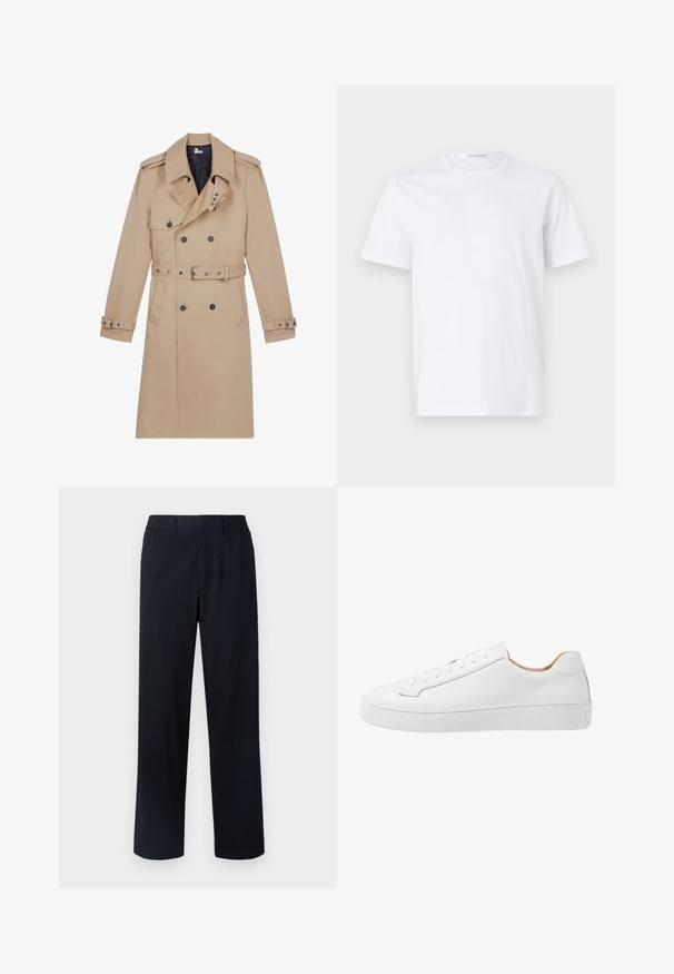 Beige trenchcoat lavet af glat stof, med dobbeltradet front, brede klapper, bæltestrop i taljen og knapmanchetter.; Hvid bomulds t-shirt med rund halsudskæring og korte ærmer. Glat tekstur, lige snit og minimalistisk design uden mønstre eller accenter.; Marinebukser med elastisk talje, lige ben-design, struktureret stof og uden synlige lommer eller dekorationer.; Hvide lædersneakers med en glat overflade, afrundet tå, flad snørebåndsdesign og en tyk gummisål med et struktureret grebmønster.