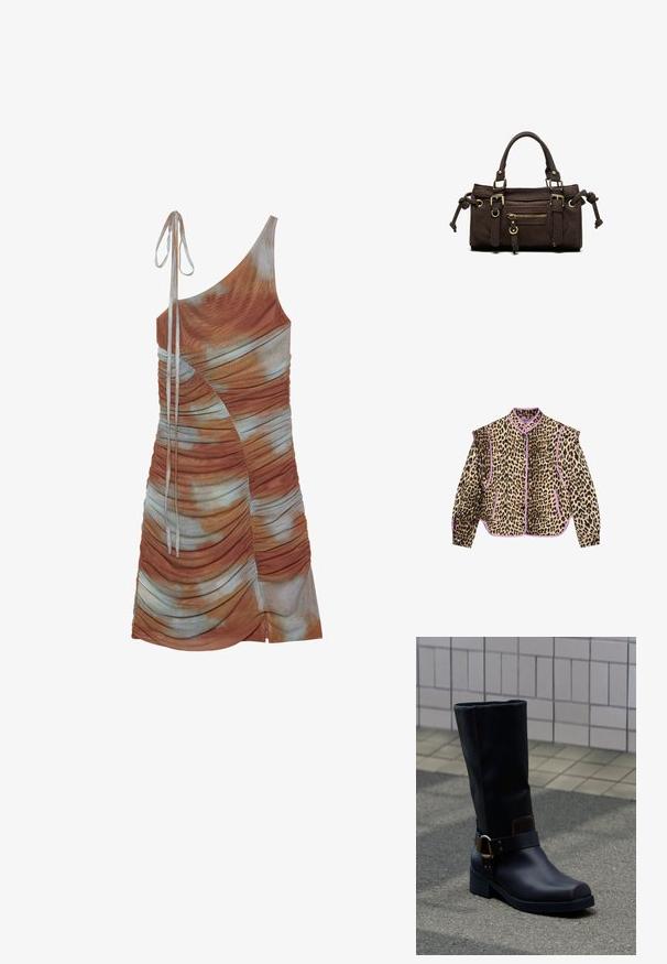 Jas met luipaardprint en paarse accenten, met lange mouwen, een kraag en een knoopsluiting. Ook zijn er twee voorzakken zichtbaar.; Geroezemde jurk met één schouder in bruin en lichtblauw tie-dye. Voorzien van een trekkoordstrap, textuurstof en asymmetrische zoom.; Zwarte leren laars tot halverwege de kuit met een lage hak en een decoratief riempje met metalen gesp, staand op een grijs bestraatte ondergrond nabij een betegelde muur.; Donkerbruine leren handtas met dubbele handvatten, voorvak met ritssluiting, decoratieve gespen en zijknopen op een witte achtergrond.