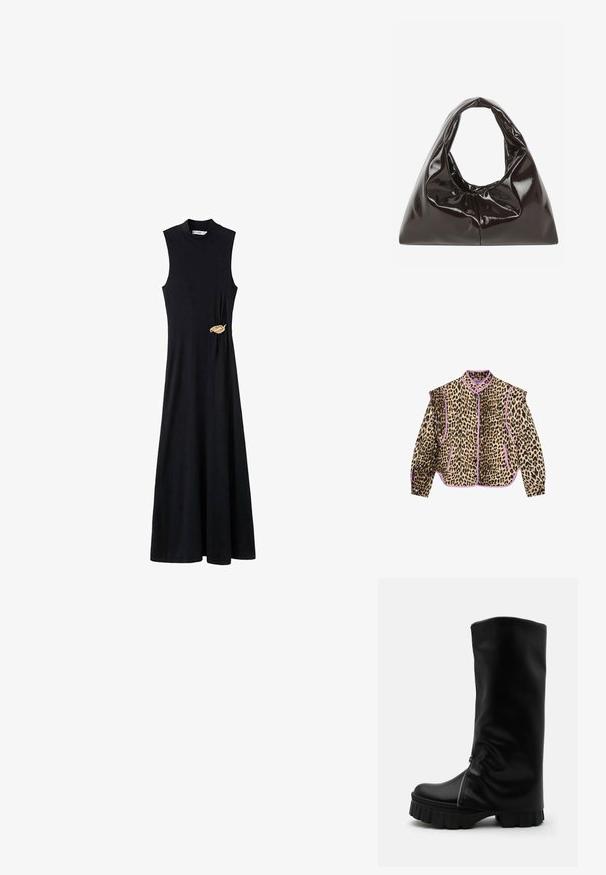 Jas met luipaardprint en paarse accenten, met lange mouwen, een kraag en een knoopsluiting. Ook zijn er twee voorzakken zichtbaar.; Zwarte mouwloze jurk met een hoge halslijn, een vloeiende silhouet en een gouden bladaccent aan de zijkant. Gemaakt van een gladde stof.; Hoge zwarte leren laars met dikke geribbelde zool en ritssluiting die verticaal langs de voorkant loopt, tegen een effen achtergrond.; Zwarte glanzende lakleren handtas met een driehoekige vorm en een brede, geplooide handvatopening bovenaan in het midden.