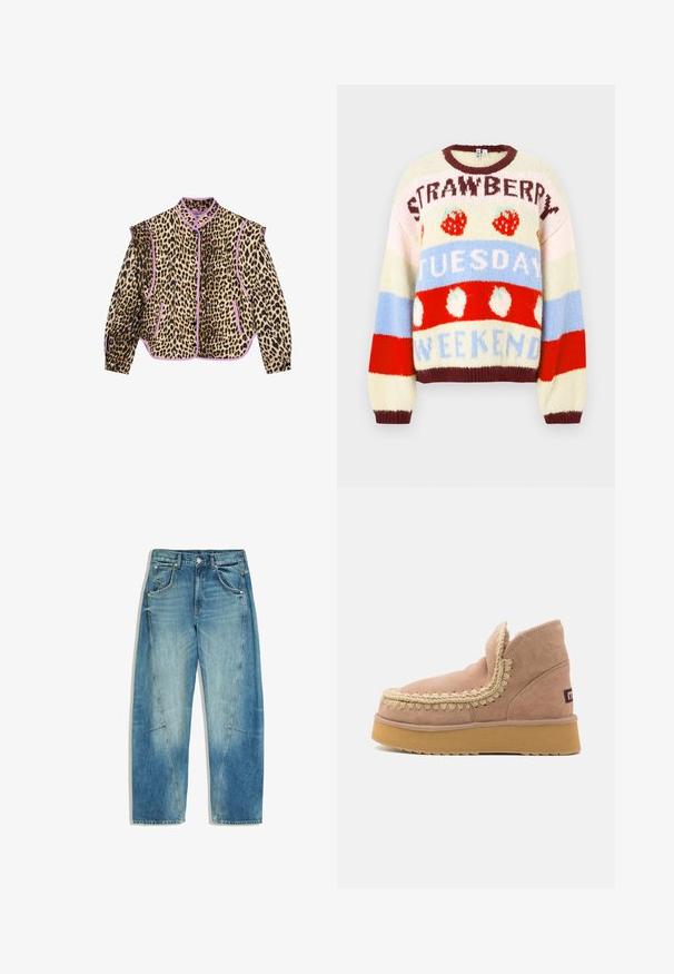 Jas met luipaardprint en paarse accenten, met lange mouwen, een kraag en een knoopsluiting. Ook zijn er twee voorzakken zichtbaar.; Gebreide trui met meerkleurige strepen in crème, rood en blauw, met fruit- en tekstpatronen waarop "AARDBEI", "DINSDAG" en "WEEKEND" staan.; Blauw gewassen denim jeans met wijde pijpen, frontzakken, riemlussen en zichtbare naaddetails bij de dijen en knieën.; Suède enkellaarsjes in lichtroze met een textuur van een gevlochten ontwerp langs de rand en een dikke rubberen zool in een contrasterende bruine kleur.