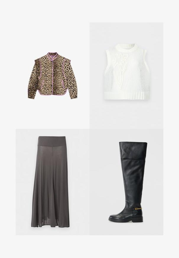 Leopardenmusterjacke mit lila Akzenten, mit langen Ärmeln, kragenlosem Hals und Knopfverschluss. Zwei sichtbare Fronttaschen sind ebenfalls vorhanden.; Weißes ärmelloses Stricktop mit erhabenem Blumenmuster auf der Vorderseite sowie geripptem Saum und Ausschnitt.; Langer, dunkelgrauer, fließender Rock mit breitem Bund, aus leichtem, leicht transparentem Stoff, der gerade vor weißem Hintergrund hängt.; Schwarze Lederstiefel über das Knie mit einem eleganten Design, abgerundeter Spitze, niedriger Plateausohle und goldenen Akzenten in der Nähe des Knöchels.