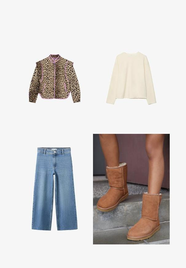 Jas met luipaardprint en paarse accenten, met lange mouwen, een kraag en een knoopsluiting. Ook zijn er twee voorzakken zichtbaar.; Stradivarius BASIC ROUND NECK - Longsleeve - white; Blauwe jeans met hoge taille en wijde pijpen, met ceintuurlussen, voorste knoop en ritssluiting, plat gevouwen op een witte achtergrond weergegeven.; Bruine suède enkellaarsjes met een ronde neus, zachte voering en een rubberen zool, met zichtbaar stiksel langs de naden.