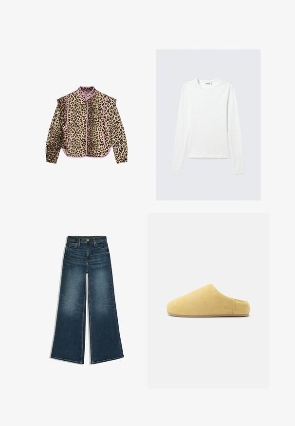 Leopardmønstret jakke med lilla kant, der har lange ærmer, krave og knaplukning. To forlommer er også synlige.; Langærmet, enkel hvid T-shirt med rund halsudskæring og tætsiddende pasform, vist mod en lysegrå baggrund.; Blå vidde jeans med knapper foran og lommer, lagt fladt på en hvid baggrund.; Blød gul slip-on tøfler med lukket tå, lav hæl, ruskindstekstur og UGG-logo præget tæt på hælen på en hvid baggrund.