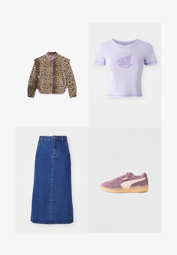 Leopardmønstret jakke med lilla kant, der har lange ærmer, krave og knaplukning. To forlommer er også synlige.; Lilla tætsiddende T-shirt med korte ærmer, rund halsudskæring og kontrastsyet. Har et "SANTA CRUZ" grafisk design foran.; Denimnederdel i mørkeblå, med en tætsiddende talje, lige silhuet og forsømmer, samt en kantlinje der falder under knæet.; Lilla ruskindsneaker med en cremefarvet læderstribe, gummisål og polstret krave. Har snørebånd og mærkning på tungen.