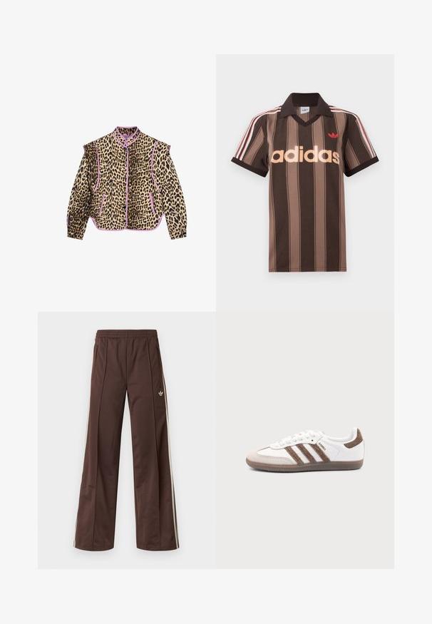 Jas met luipaardprint en paarse accenten, met lange mouwen, een kraag en een knoopsluiting. Ook zijn er twee voorzakken zichtbaar.; Bruine gestreepte Adidas polo met V-hals, bordeauxrode kraag en rood logo. Heeft witte en rode schouderstrepen, korte mouwen.; Bruine sportbroek met een wijd uitlopende pijp, witte zijstrepen, een elastische tailleband en twee zijzakken. Heeft een klein logo op het been.; Witte Adidas Samba sneaker met bruine suède strepen, bruine rubberen zool en beige suède neuskap, getoond vanaf de buitenkant op een effen achtergrond.