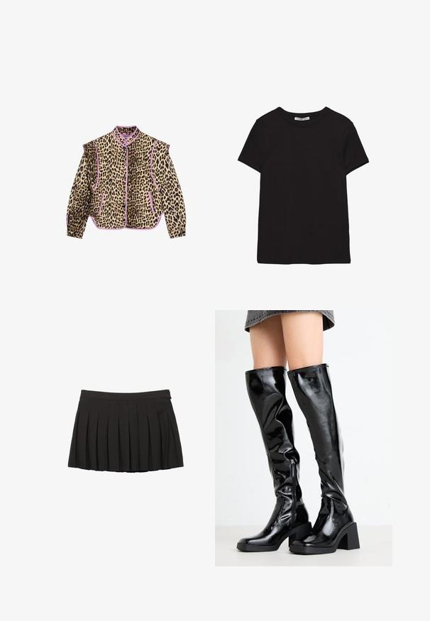 Leopardmønstret jakke med lilla kant, der har lange ærmer, krave og knaplukning. To forlommer er også synlige.; Sort kortærmet t-shirt i bomuld med rund halsudskæring, standard pasform og synlig indvendig halsmærkat.; Sort plisseret mininederdel med taljebånd og lynlås i siden, vist på en hvid baggrund.; Sorte, glansende støvler til knæene med en firkantet tå og kraftig hæl. Har en sidelukning med lynlås og et tætsiddende, struktureret design.