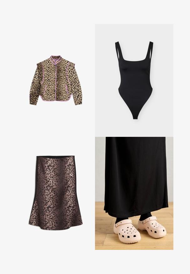 Leopardenmusterjacke mit lila Akzenten, mit langen Ärmeln, kragenlosem Hals und Knopfverschluss. Zwei sichtbare Fronttaschen sind ebenfalls vorhanden.; Schwarzer Badeanzug mit quadratischem Ausschnitt, dünnen doppelten Schulterträgern und hochgeschnittenen Beinausschnitten vor hellem einfarbigem Hintergrund.; Brauner und schwarzer Leopardenmuster-Sportrock mit schwarzen Seitenpanelen und einem kleinen weißen Puma-Logo oben rechts.; Rosa Gummiklapper mit Belüftungsöffnungen, einer dicken Sohle und einem Riemen um die Ferse, kombiniert mit einem schwarzen langen Rock.