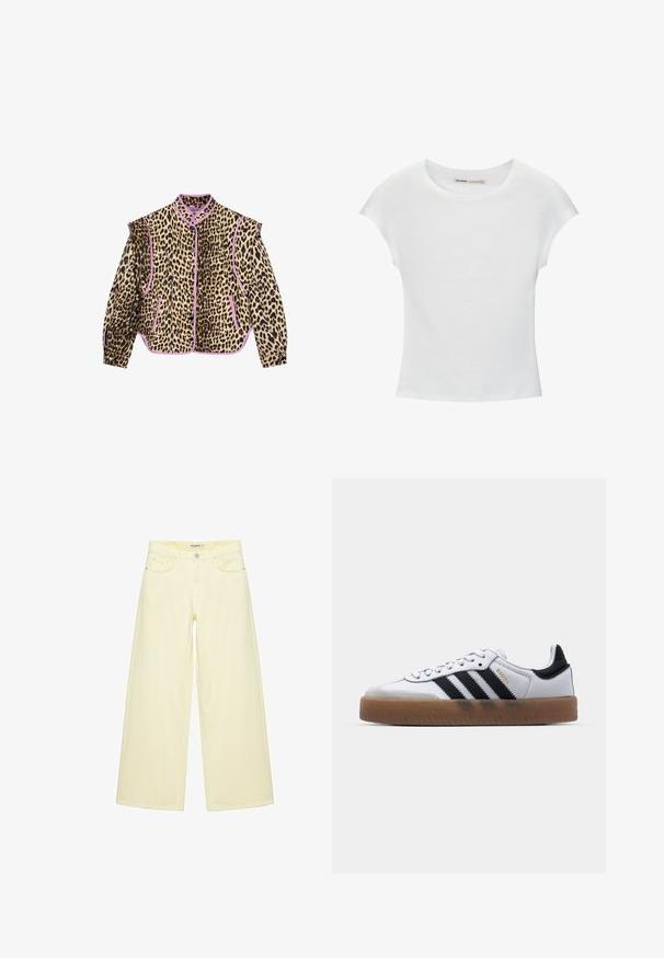 Jas met luipaardprint en paarse accenten, met lange mouwen, een kraag en een knoopsluiting. Ook zijn er twee voorzakken zichtbaar.; Witte katoenen T-shirt met korte, opgerolde mouwen, een ronde halslijn en een rechte zoom. Gladde textuur zonder zichtbare patronen of accenten.; Wijde crèmekleurige jeans met voorzakken, riemlussen en een knoopsluiting in de taille.; Witte leren sneakers met zwarte strepen, gumrubberen buitenzool, ronde neus, vetersluiting en een zachte grijze suède neuskap.