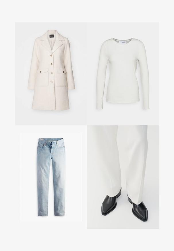 Manteau en mélange de laine blanc avec un col défini, design à double boutonnage, boutons dorés et deux poches avant. Texture douce et coupe mi-longue.; T-shirt à manches longues en blanc côtelé avec un col arrondi, présentant des détails de coupe brute à l'ourlet et une silhouette ajustée. Fabriqué à partir d'un tissu doux.; Jean en denim bleu clair avec une coupe droite, cinq poches et des fermetures à boutons métalliques sur une ceinture standard.; Bottines noires à bout pointu en cuir lisse, avec des talons bas en bloc, associées à un pantalon large blanc. Design simple et moderne.