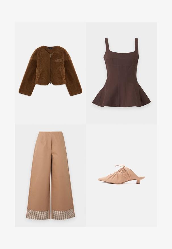 Veste en polaire marron avec un col rond, fermeture éclair à l'avant et poches avant. Dispose d'une surface texturée et d'un petit logo sur la poitrine.; Haut péplum marron sans manches avec encolure carrée et corsage ajusté, présentant des détails de coutures verticales et un ourlet évasé.; Pantalon large taille haute couleur sable avec détail de revers à carreaux marron et blanc, poches avant et fermeture avant dissimulée.; Mule pour femme en cuir beige avec bout pointu, dessus froncé, lien de serrage et petit talon kitten, sur fond blanc.