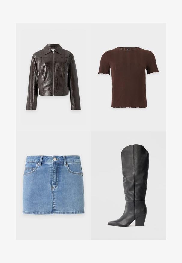 Veste en cuir synthétique noir brun foncé effet crocodile avec fermeture éclair sur le devant, col, manches longues et poches latérales zippées.; Haut marron en maille côtelée à manches courtes avec un col rond et des bords festonnés aux manches et à l'ourlet, présenté sur un fond clair uni.; Jupe en jean bleu clair avec boutons à l'avant, fermeture éclair, passants pour ceinture et style cinq poches sur un fond uni.; Bottes noires en cuir, montant jusqu'au genou, avec un bout pointu et un talon épais. Le design présente une texture lisse et des lignes minimalistes.
