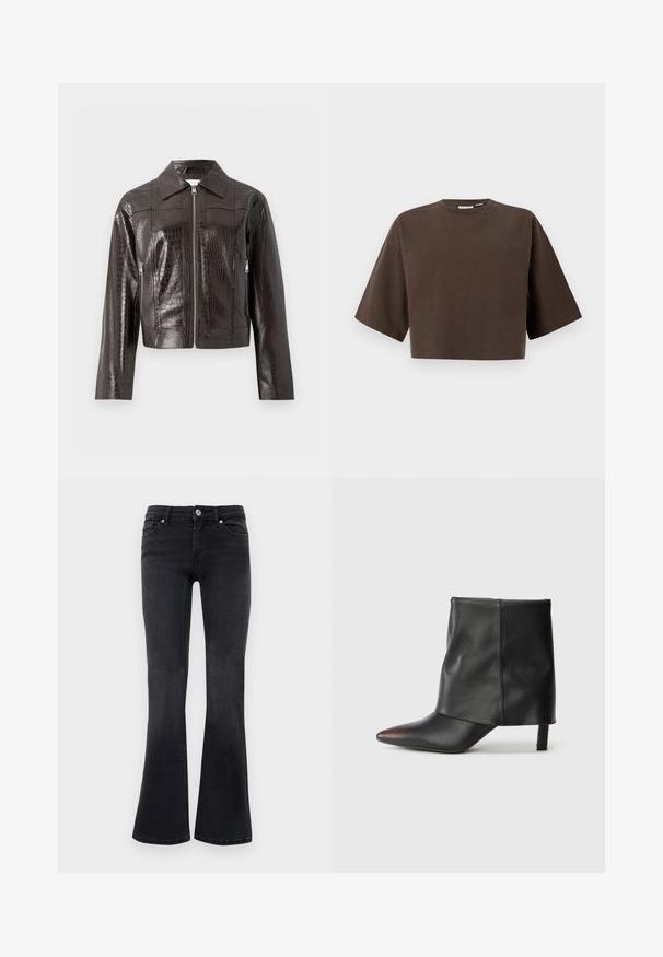 Veste en cuir synthétique noir brun foncé effet crocodile avec fermeture éclair sur le devant, col, manches longues et poches latérales zippées.; Sweat-shirt court à manches courtes, col rond, de couleur marron foncé avec une coupe décontractée, présenté sur un fond clair uni.; Jean bootcut en denim noir avec bouton avant, fermeture éclair, passants de ceinture et design à cinq poches.; Bottine noire en cuir lisse avec un bout pointu et un talon effilé. La tige présente un design légèrement froncé.