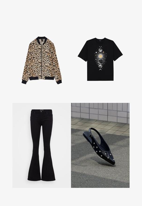 Veste bomber imprimée léopard en tissu doux, avec un col et des poignets côtelés noirs, fermée par un zip à l'avant et des textures contrastantes.; T-shirt en coton noir avec un motif central céleste représentant un soleil, des lunes et des planètes avec des accents blancs et dorés. Manches courtes.; Jean évasé noir en tissu lisse, taille mi-haute, poches avant et fermeture par bouton. L'ourlet s'évase vers le bas.; Chaussure slingback noire à bout pointu avec des clous argentés, flottant au-dessus d'un bitume près d'un mur carrelé en arrière-plan.