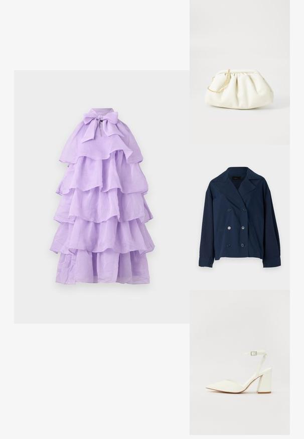 Veste bleu marine croisée avec un col cranté, dotée de manches en tricot texturé, de deux poches avant et de boutons ronds noirs.; Robe violette à volants avec un design superposé, présentant un col haut et un détail en nœud au col. Fabriquée en tissu léger.; Sandale blanche à talon avec un bout pointu, sangle de cheville réglable et un talon carré épais. Texture lisse avec des détails de couture minimaux.; Sac à main en cuir blanc avec un design plissé, doté d'une bandoulière en chaîne dorée et d'une forme arrondie. Texture lisse avec des plis doux et sans motifs.