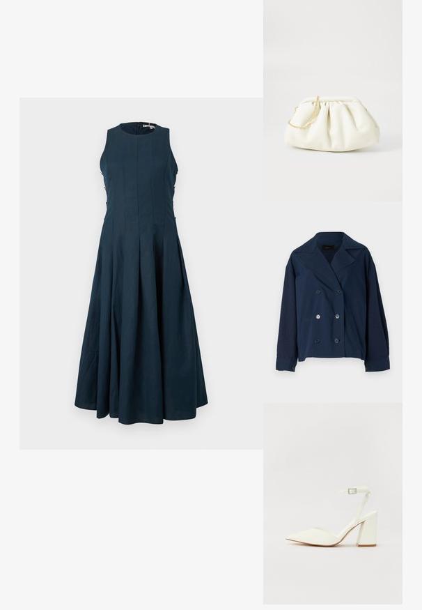 Veste bleu marine croisée avec un col cranté, dotée de manches en tricot texturé, de deux poches avant et de boutons ronds noirs.; Robe sans manches bleu marine foncé en ligne A avec corsage ajusté, encolure ronde et fermeture éclair dissimulée au dos, présentée sur fond uni.; Sandale blanche à talon avec un bout pointu, sangle de cheville réglable et un talon carré épais. Texture lisse avec des détails de couture minimaux.; Sac à main en cuir blanc avec un design plissé, doté d'une bandoulière en chaîne dorée et d'une forme arrondie. Texture lisse avec des plis doux et sans motifs.