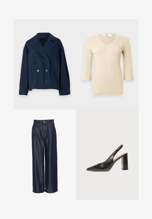 Veste bleu marine croisée avec un col cranté, dotée de manches en tricot texturé, de deux poches avant et de boutons ronds noirs.; Top à manches longues en beige côtelé avec un décolleté arrondi. La texture est lisse et ajustée. Des poignets évasés ajoutent un détail de design subtil.; Pantalons larges en denim bleu marine à taille haute, avec des plis à l'avant et des détails en couture dorée, texture lisse et fermeture à bouton.; Chaussure slingback en cuir noir à bout pointu avec un talon bloc haut et une doublure intérieure beige sur un fond clair uni.