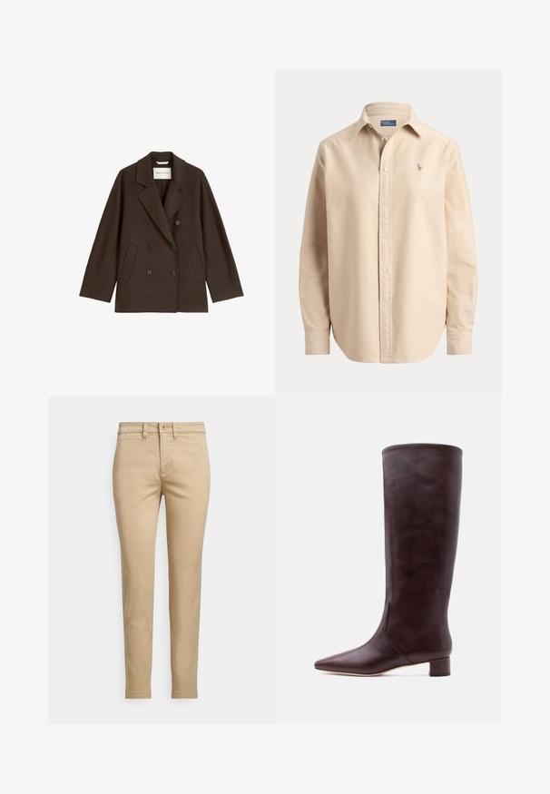 Manteau marron à double boutonnage, avec un large col, deux poches avant et des accents de boutons noirs. Fabriqué à partir d'un matériau doux et texturé.; Chemise beige à manches longues avec boutons et col, avec un petit logo brodé sur la poitrine gauche et des manches à revers classiques.; Chinos en coton beige avec une coupe droite, dotés d'une fermeture à bouton, de poches avant et de détails cousus le long des coutures.; Botte haute en cuir marron avec un bout pointu et un petit talon carré, debout droite sur un fond clair uni.